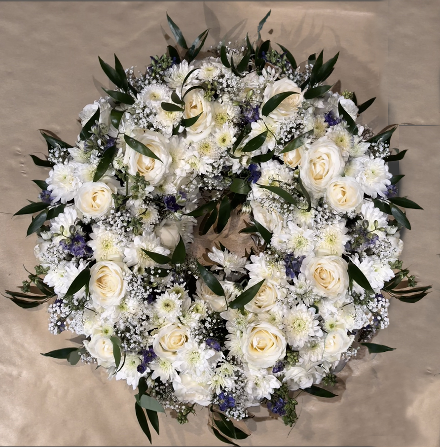 Funeral Flowers, Wreath with white flowers - roses and different white flowersgarden flowers