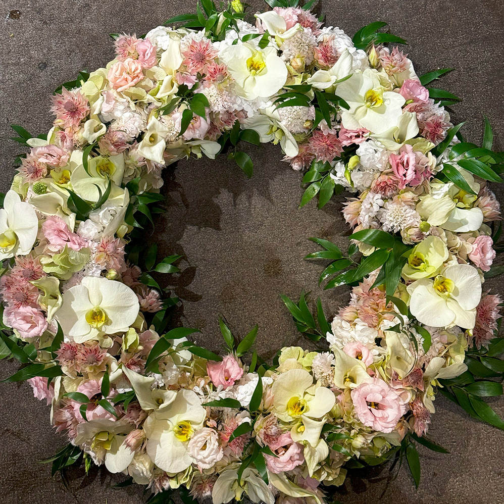 Funeral Flowers, Wreath with pastel hues - roses, lisianthus, orchids and garden flowers