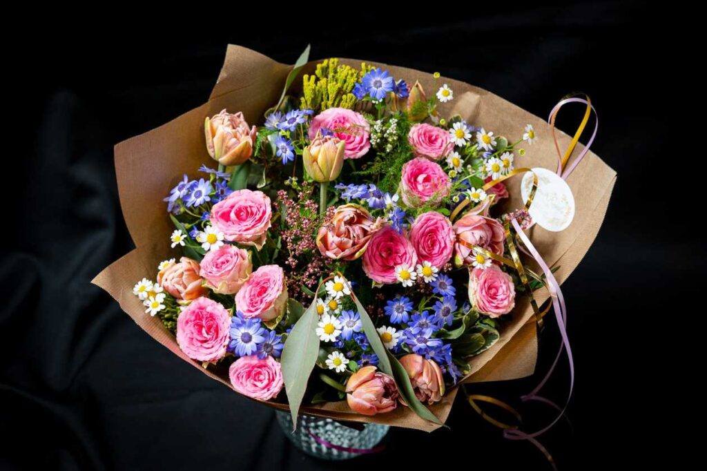 Romantic pink and light blue flower bouquet